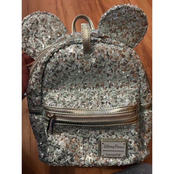 Disney Parks Loungefly Arendelle Aqua Sequins Minnie Mouse Backpack Retired READ main image 7